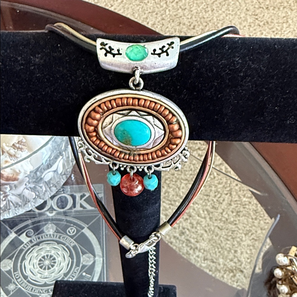 Chicos Silver Tone necklace with leather, turquoise and amber accents